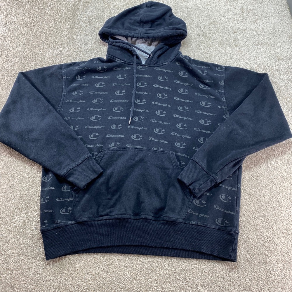 Champion Sweatshirt Mens Large Black All Over Logo Hoodie Athleticwear Pullover